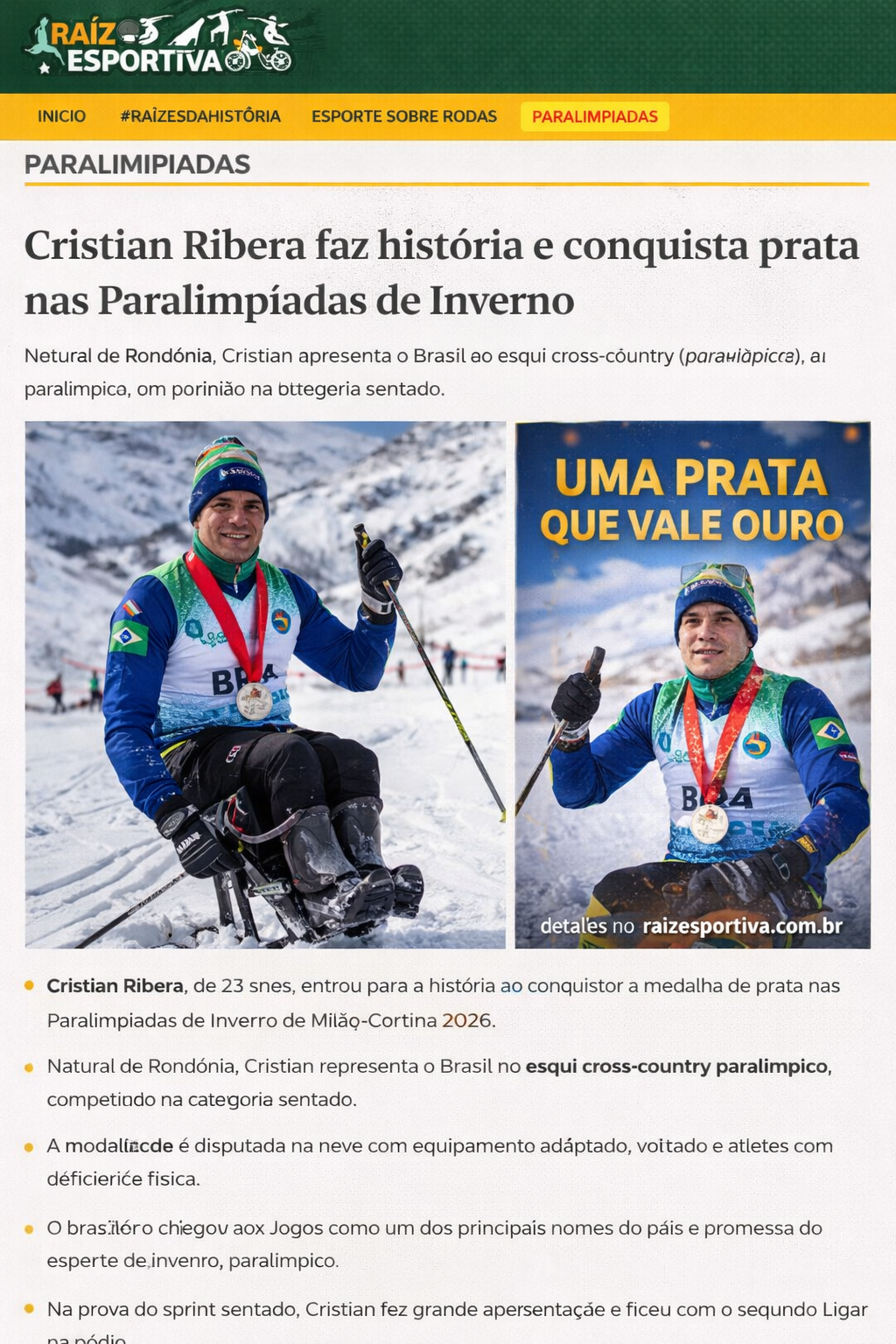 Cristian Ribera conquista medalha histórica nas Paralimpíadas de Inverno